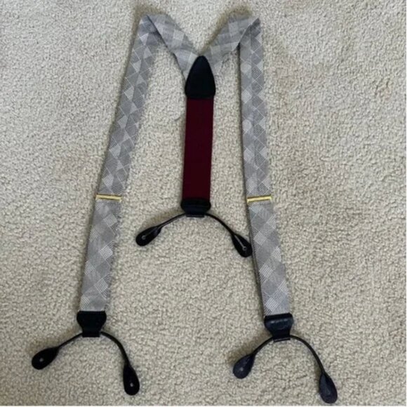 Trafalgar Men's Silk Gray Plaid Suspenders with Black Leather End Button Braces